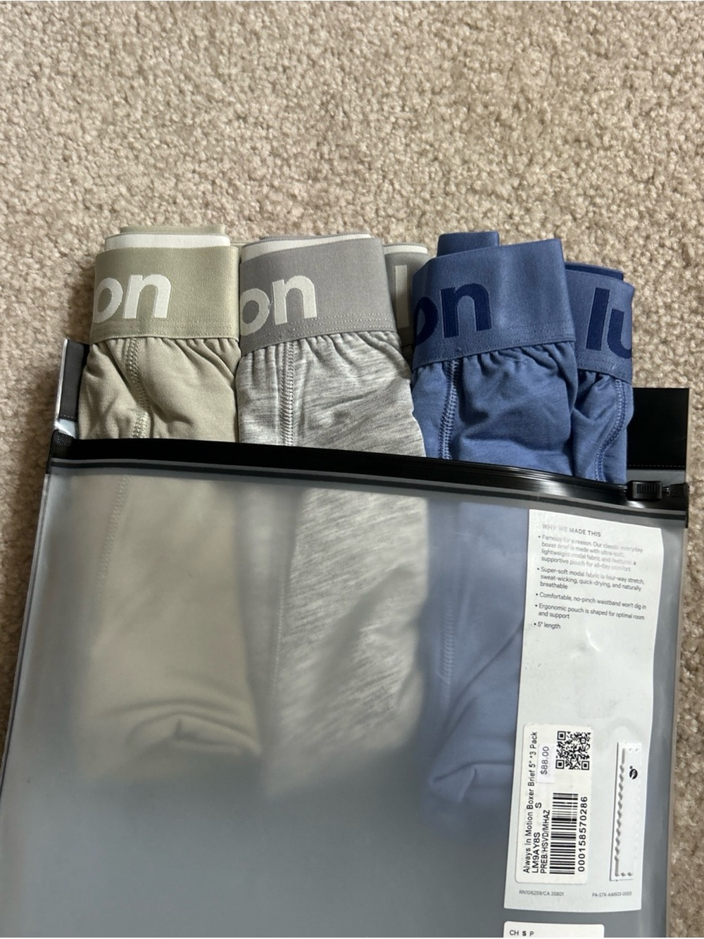 NWT Size S LULULEMON Men's ALWAYS IN MOTION BOXER BRIEF LONG 5“ 3 Pack